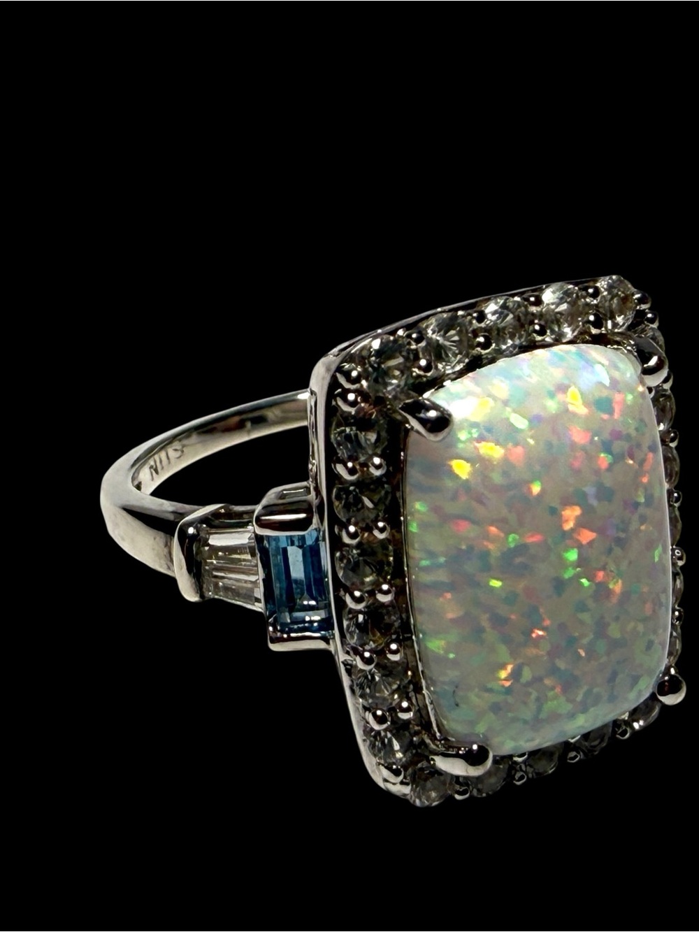 Opal Halo Ring with Blue Accent Stones - Silver